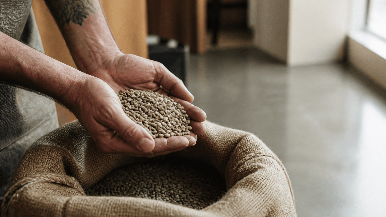 A roaster holding a handful of green coffee beans in the warm light of the Portland roastery