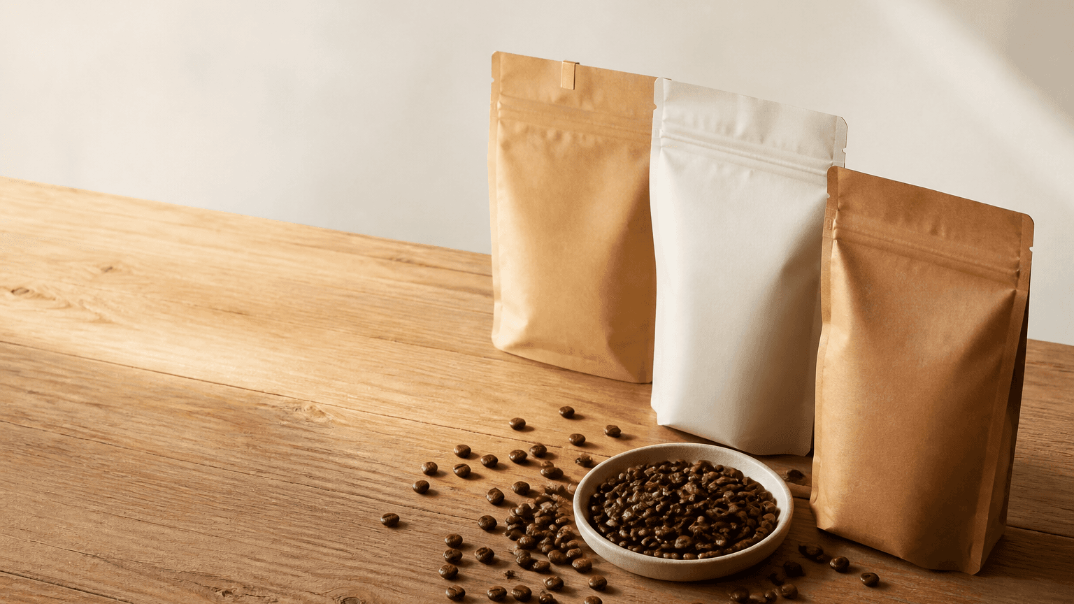 Three Ember and Oak single-origin coffee bags arranged with loose roasted beans on a warm oak counter